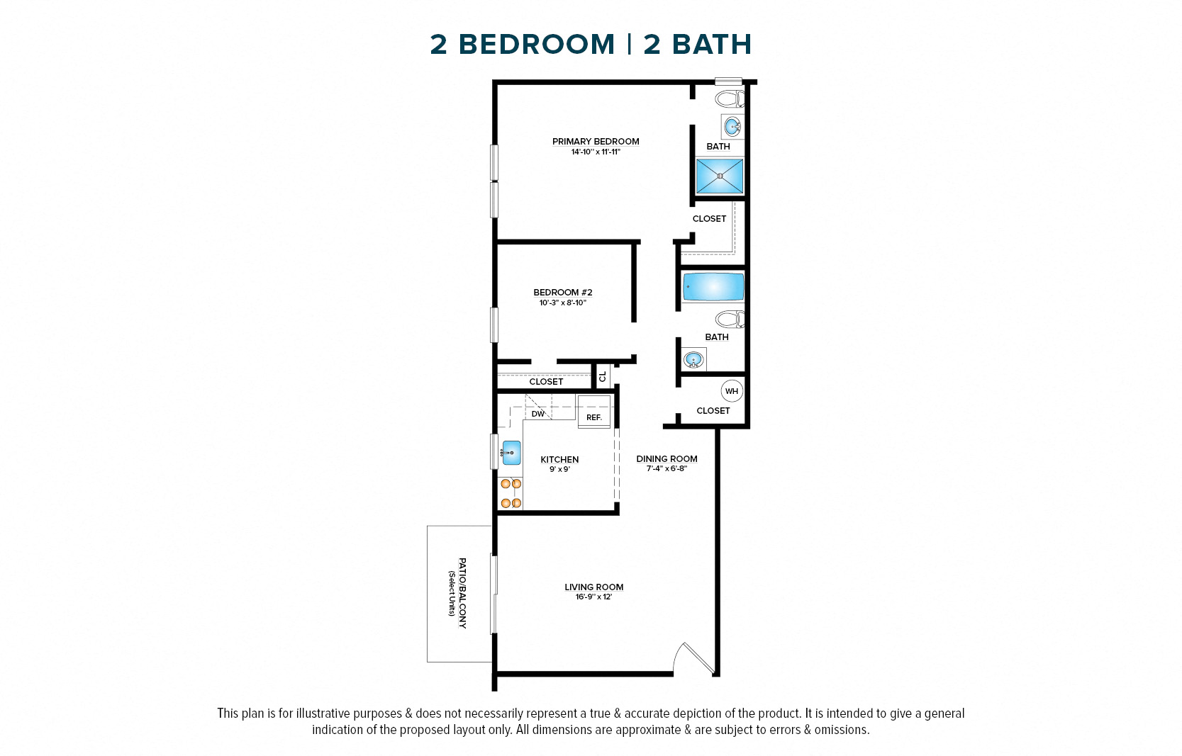 Floor plan for 2 beds, 2 baths, 859 sqft